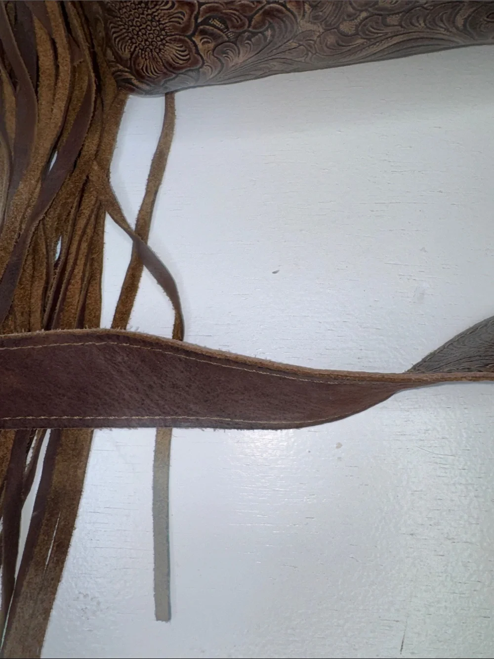 Brown and Tan Leather Fringe Hobo Bag with Turquoise Accent